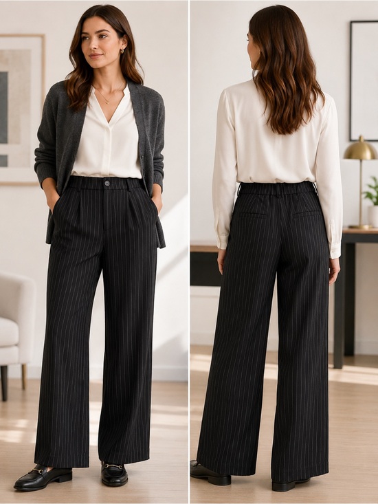 Aqua Pants - AQUA Black Pinstripe Pleated Wide Leg Trousers Career Core